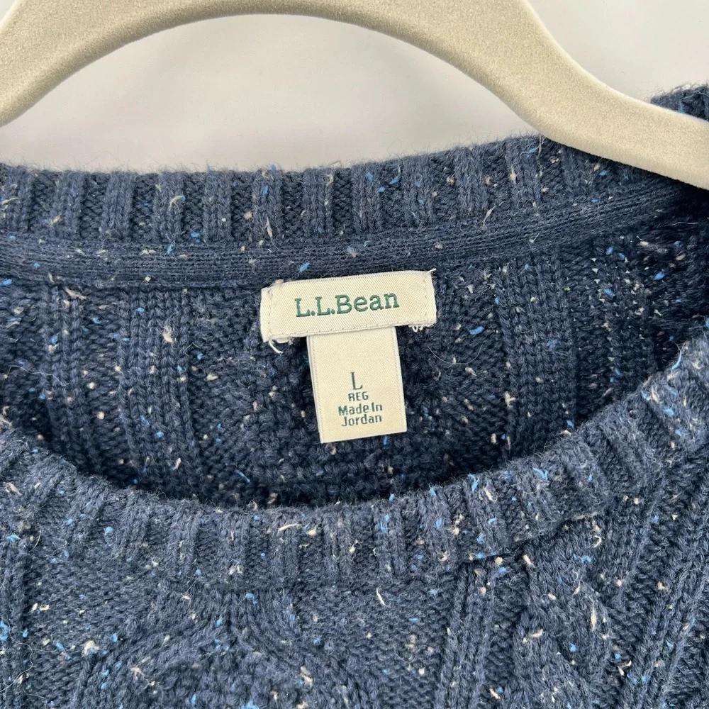 LL Bean classic Navy Blue Sprinkle specked Chunky cable Knit Sweater‎ preppy L